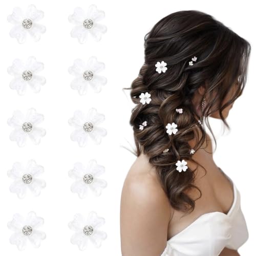 ZUWIJEQ 10 Pcs Mini-Haarspangen mit weißen Blumen und Strasssteinen haarspangen klein, Mini-süße Strass-Metall-Haarnadeln für Frauen, dekorative Haarspangen, Hochzeits-Haarspangen, Braut-Haarschmuck von ZUWIJEQ