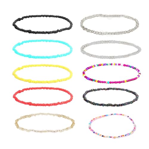 ZUWIJEQ 10 Stück Boho Bunte Perlen Knöchel Armbänder, Handgemachte Perlen Fußkettchen Bunte Glasperlen Boho Fußkettchen Verstellbare Kette Elastisches Geschenke, Fuß und Hand Kette Schmuck von ZUWIJEQ