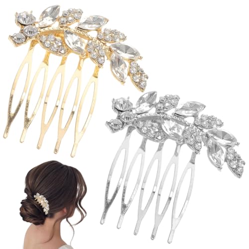ZUWIJEQ 2 Pcs Braut Hochzeit Haarkamm Kristall Haarschmuck, Braut Haarkämme Braut Haarteile Kristall Kopfschmuck Hochzeit Haarschmuck für Frauen und Mädchen, Gold Silber Strass Haarkamm von ZUWIJEQ