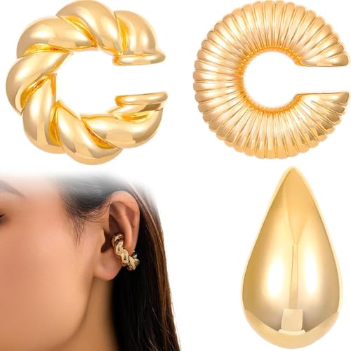 ZUWIJEQ 3 Stück Creolen, Ear Cuff Set für Damen, Ohrmanschette Fake Ohrringe Earcuffs Clip Non Piercing Helix Knorpel Wrap Cuff, Gold von ZUWIJEQ