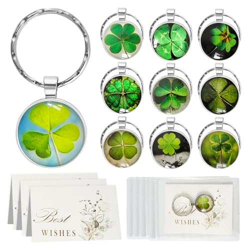 ZUYIST 10 Stück Vierblättriges Kleeblatt Schlüsselanhänger Set, Metall Klee Glücksbringer Schlüsselanhänger mit Grußkarte für Abschiedsgeschenk Schüler Grüne Geschenk zur Prüfung Einzug Neuer von ZUYIST