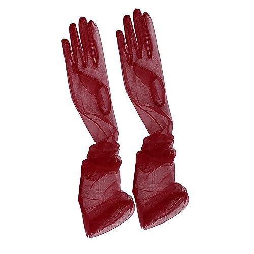 ZUYPSK Braut Vollfinger Lange Handschuhe Hochzeit Arm Stulpen Brautstulpen aus Transparent Tüll Ball Accessoires elegante Party Cocktail (Rotwein, Einheitsgröße) von ZUYPSK