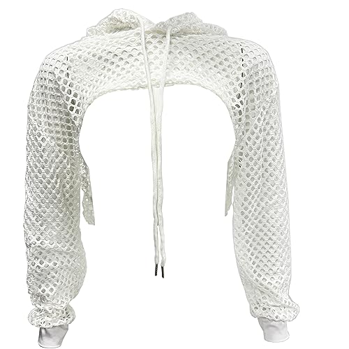ZUYPSK Damen Crop Top mit Kapuze Netz Hoddie Bauchfrei Shirt T-Shirt Hip Hop Oberteil Kurz Sweatshirt Durchsichtig Unterhemd Streetwear (L, Weiß) von ZUYPSK