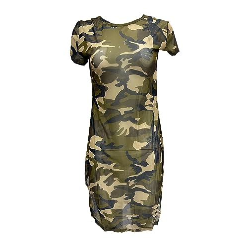 ZUYPSK Damen Durchsichtiges Kleid Minikleid Nachtkleid Strandkleid Camouflage Muster Kurzarm Rundhals Unterwäsche Reizvoll für Strand Club (Camouflage, S) von ZUYPSK