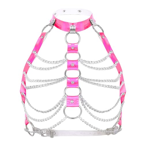 ZUYPSK Damen Gothic Kostüm Punk Körpergeschirr Brust Harness Oberteile mit Leder Halsband und Metallic Kette Quaste (Einheitsgröße, Rot) von ZUYPSK
