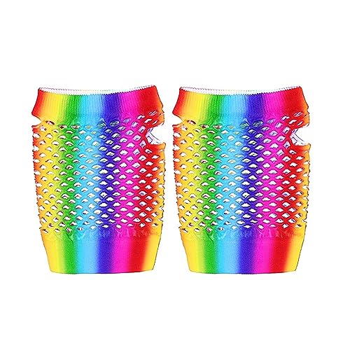 ZUYPSK Damen Handschuhe Fingerlose Armstulpen Regenbogen Bunt Farbe Netzhandschuhe Fasching Karneval Party Kostüme Zubehör (bunte kurze, Einheitsgröße) von ZUYPSK