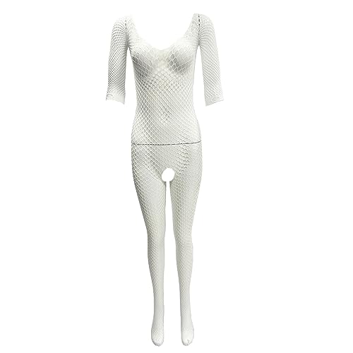 ZUYPSK Damen Netz Body Ouvert Catsuit Transparent Bodystocking Ganzkörperanzug Overall mit Fischnetz Strumpfhose Offener Schritt (Einheitsgröße, Weiß) von ZUYPSK