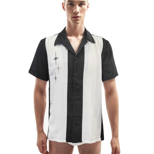 ZUYPSK Mens Vintage Cuban Style Bowling Shirt Kurzarm Camp Casual Button-Down Shirt (XL, Schwarz) von ZUYPSK