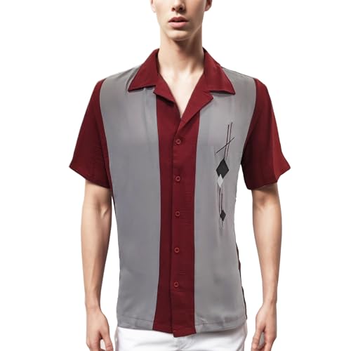 ZUYPSK Mens Vintage Cuban Style Bowling Shirt Kurzarm Camp Casual Button-Down Shirt (XXXL, Weinrot) von ZUYPSK
