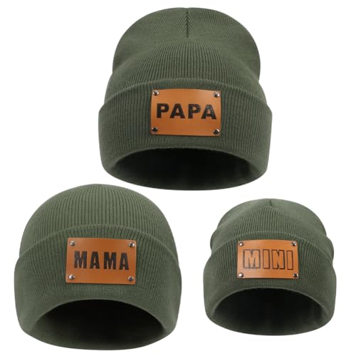 ZUYYON 3 Stück Eltern-Kind-Mütze, Mama PAPA Mini, Leder-Patch, Winter-Strickmütze, warme Bündchen, passende Familienmütze, Grün (Army Green), Einheitsgr��e von ZUYYON