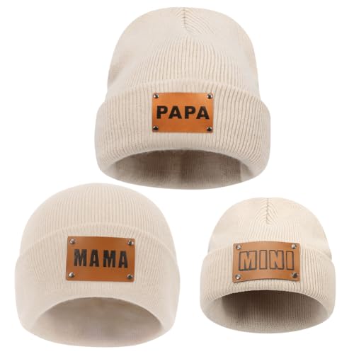 ZUYYON 3 Stück Eltern-Kind-Mütze, Mama PAPA Mini-Leder-Patch, Winter-Strickmütze, warme Bündchen, passende Familienmütze, Beige, Einheitsgr��e von ZUYYON