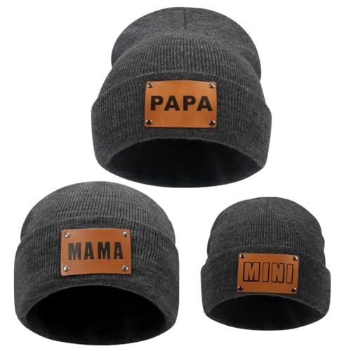 ZUYYON 3 Stück Eltern-Kind-Mütze, Mama PAPA Mini, Leder-Patch, Winter-Strickmütze, warme Bündchen, passende Familienmütze, Dunkel_Grau, Einheitsgr��e von ZUYYON