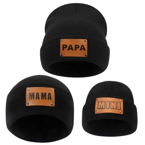 ZUYYON 3 Stück Eltern-Kind-Mütze, Mama PAPA Mini, Leder-Patch, Winter-Strickmütze, warme Bündchen, passende Familienmütze, Schwarz, Einheitsgr��e von ZUYYON