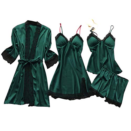 2023 Amazon Deals Warehouse Seide Pyjama Sets für Frauen 4pcs Sexy Spitze Trim Cami Top Shorts Mini Kleid Robe Set Cute Pjs Nachthemd Schlafanzug mit Brust Pads Loungewear von ZWDC