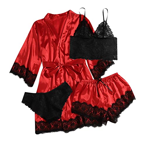 2023 Weihnachtstag Frauen Seide Pyjama Set 4 Stück Satin Nachtwäsche mit Gürtel Robe Sexy Spitze Trim Cami Top und Shorts Slip Kleid Nachthemd von ZWDC