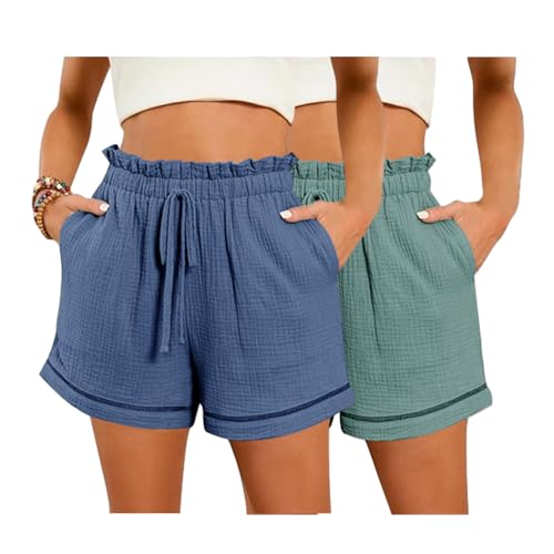 2er Pack Damen Shorts Sommer Leinen Musselin Kurze Hose Beach Shorts Mit Taschen Mode Lässige Stoffhose Freizeit Shorts Elastische Taille Stretch Gerades Bein Sport Shorts mit Kordelzug Leinenhose von ZWDC