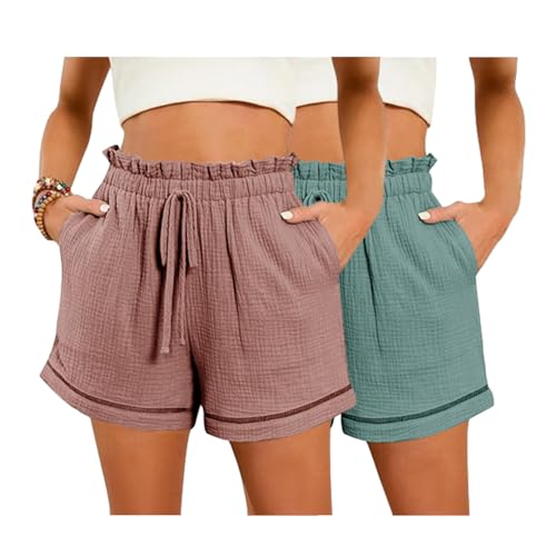 2er Pack Damen Shorts Sommer Leinen Musselin Kurze Hose Beach Shorts Mit Taschen Mode Lässige Stoffhose Freizeit Shorts Elastische Taille Stretch Gerades Bein Sport Shorts mit Kordelzug Leinenhose von ZWDC