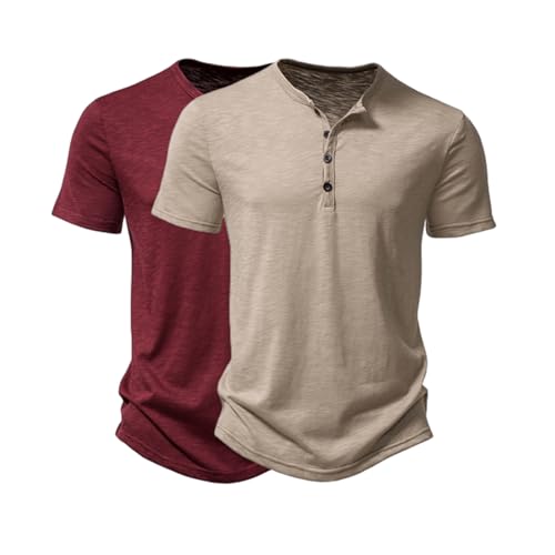 2er Pack Herren Hemd Henley Shirt Kurzarm Männer Freizeithemd Vintage Casual Leicht Baumwolle Slim Fit V Ausschnitt T-Shirt Sommer Oberteile Einfarbig Mode Basic Herren Slim Fit Tshirt von ZWDC