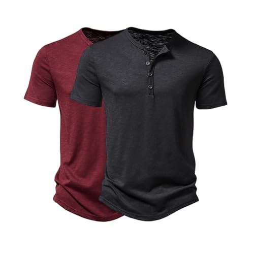 2er Pack Herren Hemd Henley Shirt Kurzarm Männer Freizeithemd Vintage Casual Leicht Baumwolle Slim Fit V Ausschnitt T-Shirt Sommer Oberteile Einfarbig Mode Basic Herren Slim Fit Tshirt von ZWDC