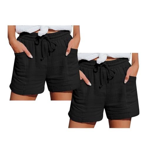 2er Pack Shorts Damen Sommer Leinen Musselin Kurze Hose Beach Shorts Mit Taschen Mode Lässige Stoffhose Freizeit Shorts Elastische Taille Stretch Gerades Bein Sport Shorts mit Kordelzug Leinenhose von ZWDC