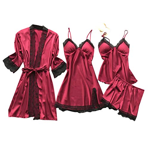 Amazon Deals Warehouse Seide Pyjama Sets für Frauen 4pcs Sexy Spitze Trim Cami Top Shorts Mini Kleid Robe Set Cute Pjs Nachthemd Schlafanzug mit Brust Pads Loungewear von ZWDC