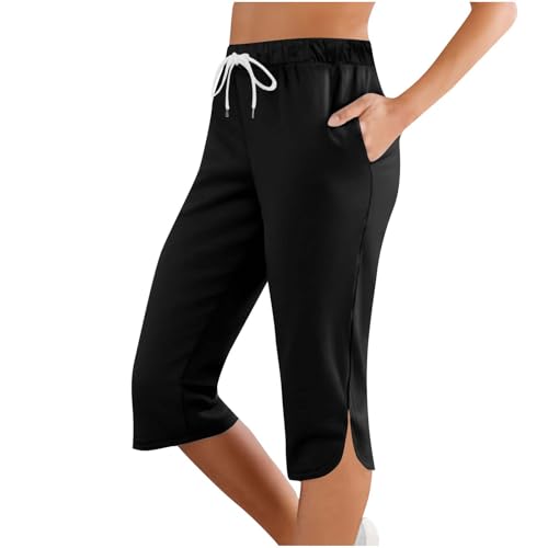 Caprihose für Damen 2025 Summer Casual Loose Comfy Workout Crop Pants gerades Bein Jogginghose mit Taschen Sporthose mit Kordelzug und Taillenbund Freizeithose für Fitnessstudio von ZWDC