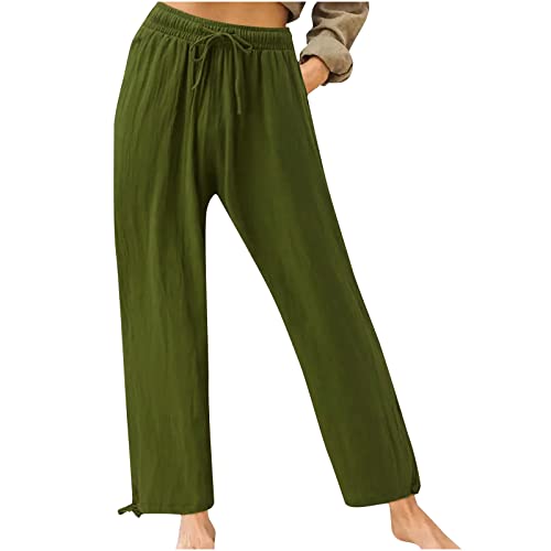 Damen Hose Sommer Locker Einfarbig Sporthose Leicht Breites Bein Casual Trousers for Women Jogginghose Yogahose Elegant Hosne Kann für Fitness und Strandspaziergänge Mit Taschen, Armeegrün, Medium von ZWDC