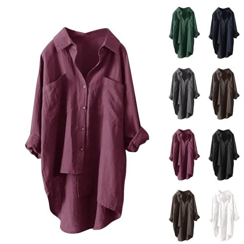 Damen Musselin Bluse Sommer Leichte Atmungsaktive, Leinenhemd Tshirt Casual Fashion, Leinenbluse Top Locker Freizeit, Einfarbige Langarm Oberteile Aus Baumwolle Und Leinen Mit Langen Ärmeln Und Revers von ZWDC