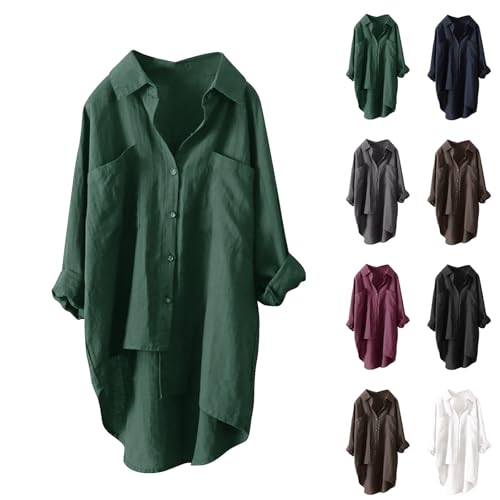 Damen Musselin Bluse Sommer Leichte Atmungsaktive, Leinenhemd Tshirt Casual Fashion, Leinenbluse Top Locker Freizeit, Einfarbige Langarm Oberteile Aus Baumwolle Und Leinen Mit Langen Ärmeln Und Revers von ZWDC