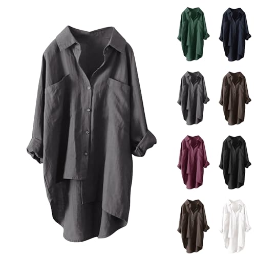 Damen Musselin Bluse Sommer Leichte Atmungsaktive, Leinenhemd Tshirt Casual Fashion, Leinenbluse Top Locker Freizeit, Einfarbige Langarm Oberteile Aus Baumwolle Und Leinen Mit Langen Ärmeln Und Revers von ZWDC