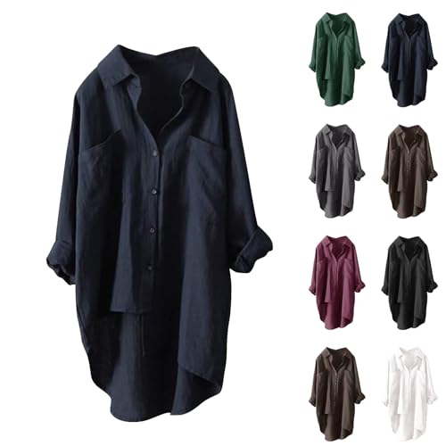 Damen Musselin Bluse Sommer Leichte Atmungsaktive, Leinenhemd Tshirt Casual Fashion, Leinenbluse Top Locker Freizeit, Einfarbige Langarm Oberteile Aus Baumwolle Und Leinen Mit Langen Ärmeln Und Revers von ZWDC