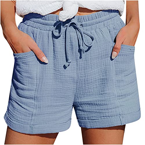 Shorts Damen Sommer Leinen Musselin Kurze Hose Beach Shorts Mit Taschen Fashion Lässige Stoffhose Freizeitshorts Elastische Taille Stretch Gerades Bein Sport Shorts mit Kordelzug Leinenhose von ZWDC