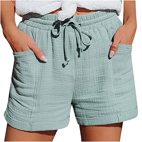 Shorts Damen Sommer Leinen Musselin Kurze Hose Beach Shorts Mit Taschen Fashion Lässige Stoffhose Freizeitshorts Elastische Taille Stretch Gerades Bein Sport Shorts mit Kordelzug Leinenhose von ZWDC