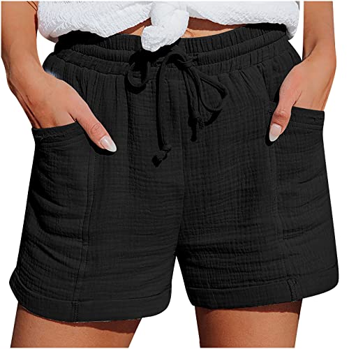 Shorts Damen Sommer Leinen Musselin Kurze Hose Beach Shorts Mit Taschen Fashion Lässige Stoffhose Freizeitshorts Elastische Taille Stretch Gerades Bein Sport Shorts mit Kordelzug Leinenhose von ZWDC