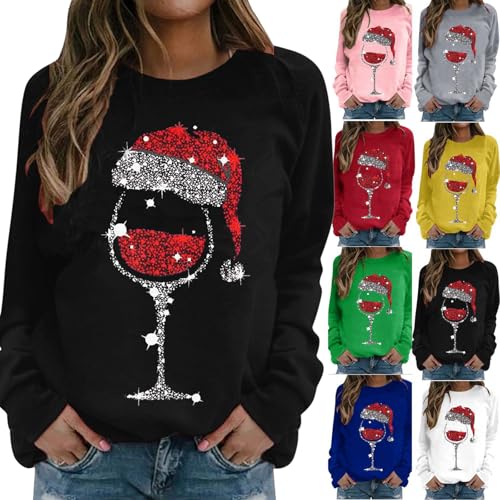 Weihnachtspullover Damen Merry Christmas Sweatshirt Lustig Rotwein Glas Druck Sweatshirt Weihnachtspulli Teenager Mädchen Rundhals Schön Weihnachts Sweatshirt Ugly Winter Weihnachtspulli von ZWDC