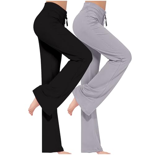 ZWDC 2er Pack Yogahose Damen Schlaghose Baumwolle Activewear Hosen High Waist Yoga Pants Bootcut Jeans Stretch Flared Stoffhose Flare Leggings Haushose Weites Bein Jazzpants Lang von ZWDC