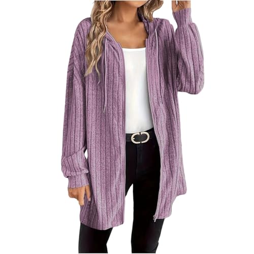 ZWDC Damen Gestreifte Kapuzenjacke mit Reißverschluss Frauen Lockerer Langarmjacke Übergangsjacke Freizeitmantel Oversize Jacke mit Taschen für Büro Alltag Reisen Outdoor von ZWDC