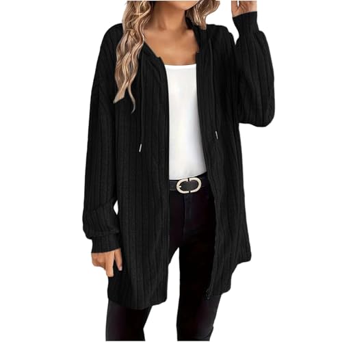 ZWDC Damen Gestreifte Kapuzenjacke mit Reißverschluss Frauen Lockerer Langarmjacke Übergangsjacke Freizeitmantel Oversize Jacke mit Taschen für Büro Alltag Reisen Outdoor von ZWDC