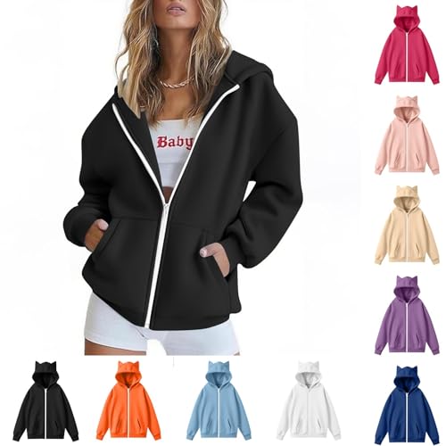 ZWDC Damen Kapuzenjacke mit Ohren Design Lockeres Oberteil mit Reißverschluss Taschen Frauen Jacke Freizeitjacke Modische Übergroße Langarmjacke für Alltag Büro Reisen Outdoor von ZWDC