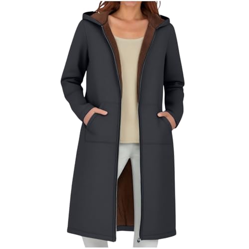 ZWDC Damen Kapuzenmantel Langer Mantel Frauen Lässige Wintermantel Freizeitmantel Windbreaker Outdoorjacke mit Reißverschluss Taschen für Alltag Reisen Streetwear von ZWDC