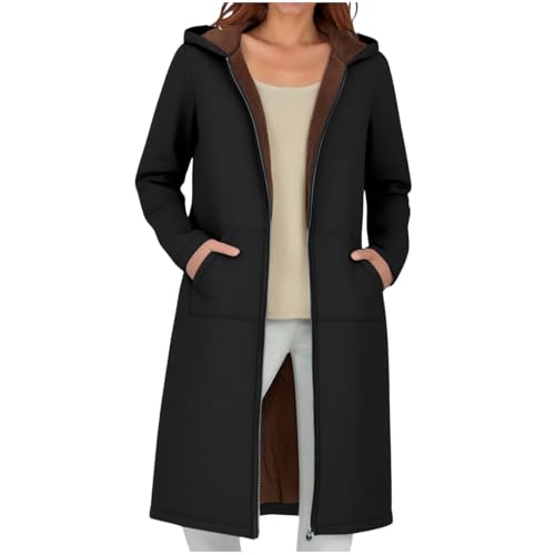 ZWDC Damen Kapuzenmantel Langer Mantel Frauen Lässige Wintermantel Freizeitmantel Windbreaker Outdoorjacke mit Reißverschluss Taschen für Alltag Reisen Streetwear von ZWDC