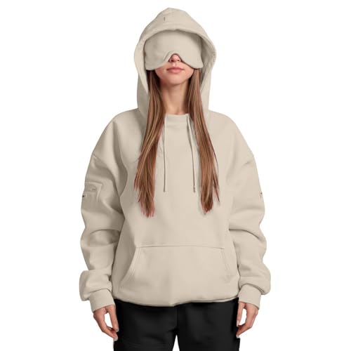 ZWDC Damen Kapuzenpullover mit Eingebauter Augenmaske Langarm Oversize Hoodie mit Kängurutasche und Ärmeltasche Frauen Einfarbige Freizeit Sweatshirt für Alltag und Zuhause von ZWDC