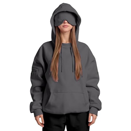 ZWDC Damen Kapuzenpullover mit Eingebauter Augenmaske Langarm Oversize Hoodie mit Kängurutasche und Ärmeltasche Frauen Einfarbige Freizeit Sweatshirt für Alltag und Zuhause von ZWDC