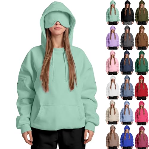 ZWDC Damen Kapuzenpullover mit Eingebauter Augenmaske Langarm Oversize Hoodie mit Kängurutasche und Ärmeltasche Frauen Einfarbige Freizeit Sweatshirt für Alltag und Zuhause von ZWDC