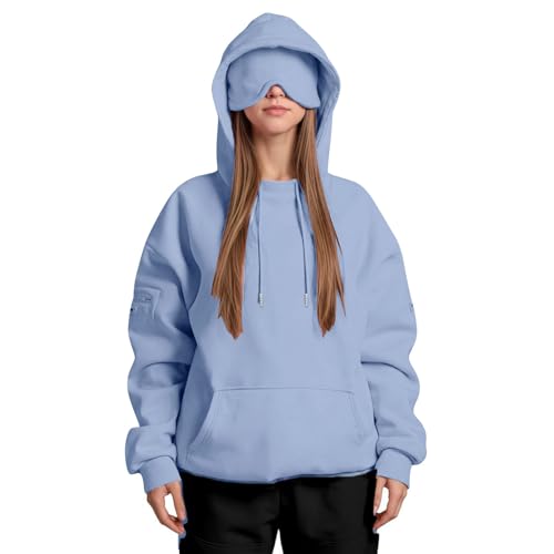 ZWDC Damen Kapuzenpullover mit Eingebauter Augenmaske Langarm Oversize Hoodie mit Kängurutasche und Ärmeltasche Frauen Einfarbige Freizeit Sweatshirt für Alltag und Zuhause von ZWDC