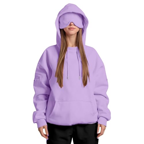 ZWDC Damen Kapuzenpullover mit Eingebauter Augenmaske Langarm Oversize Hoodie mit Kängurutasche und Ärmeltasche Frauen Einfarbige Freizeit Sweatshirt für Alltag und Zuhause von ZWDC