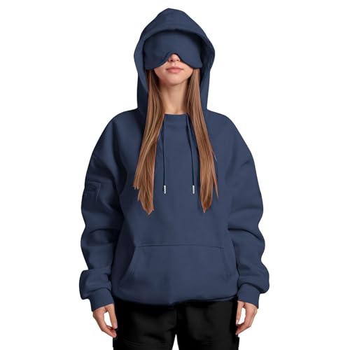 ZWDC Damen Kapuzenpullover mit Eingebauter Augenmaske Langarm Oversize Hoodie mit Kängurutasche und Ärmeltasche Frauen Einfarbige Freizeit Sweatshirt für Alltag und Zuhause von ZWDC
