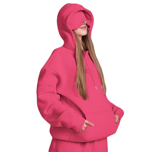 ZWDC Damen Kapuzenpullover mit Eingebauter Augenmaske Langarm Oversize Hoodie mit Kängurutasche und Ärmeltasche Frauen Einfarbige Freizeit Sweatshirt für Alltag und Zuhause von ZWDC