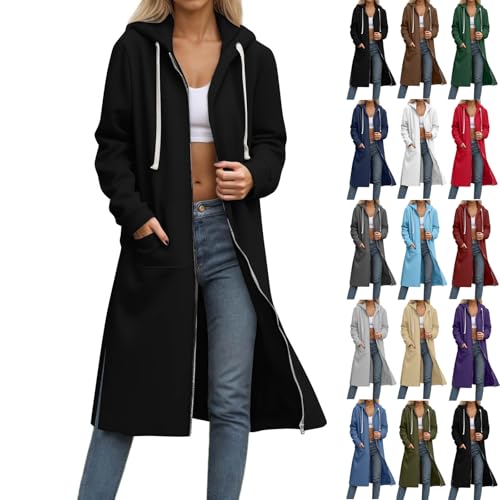 ZWDC Damen Lang Kapuzenjacke mit Reißverschluss und Kordelzug Taschen Frauen Lange Jacke mit Kapuze Übergangsjacke Casual Mantel Outdoorjacke für Alltag Arbeit Reisen Outdoor Streetwear von ZWDC