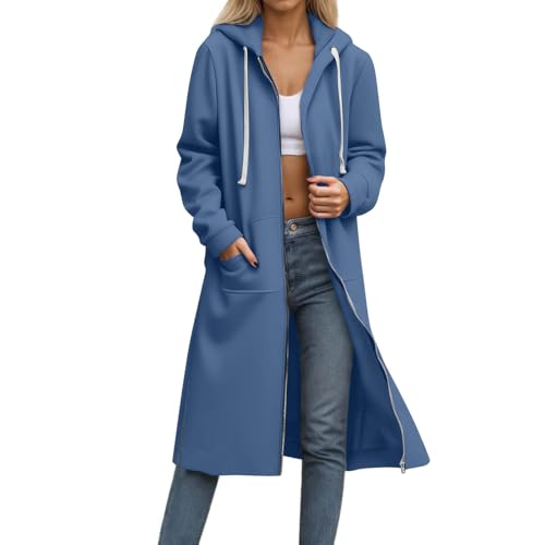 ZWDC Damen Lang Kapuzenjacke mit Reißverschluss und Kordelzug Taschen Frauen Lange Jacke mit Kapuze Übergangsjacke Casual Mantel Outdoorjacke für Alltag Arbeit Reisen Outdoor Streetwear von ZWDC